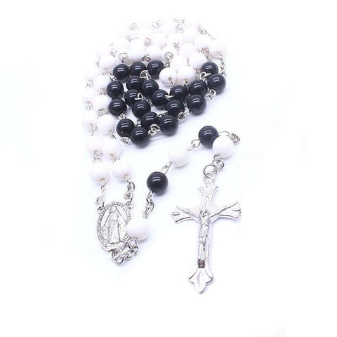 Chapelet Catholique Argenté Perles en Acrylique fond blanc