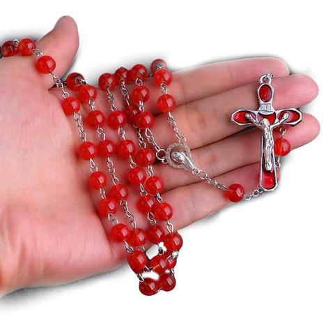 Chapelet Perles de Verre Rouges, Croix et Chaîne Argenté
