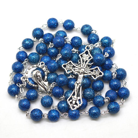 Chapelet Catholique Perles Bleu Pourpre détails de la croix