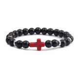 Bracelet Religieux Perles Naturelles noir brillant/croix rouge/argent
