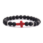 Bracelet Religieux Perles Naturelles noir mat croix rouge argent