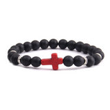 Bracelet Religieux Perles Naturelles noir mat croix rouge argent