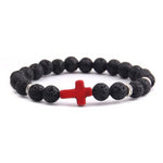 Bracelet Religieux Perles Naturelles perle de lave noir croix rouge argent