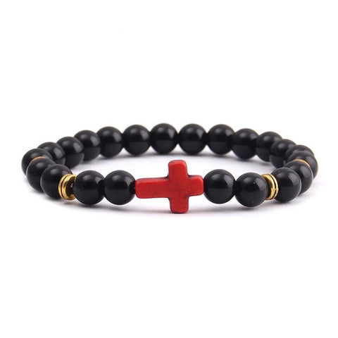 Bracelet Religieux Perles Naturelles noir brillant/croix rouge/or