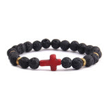 Bracelet Religieux Perles Naturelles pierre de lave/croix rouge/or