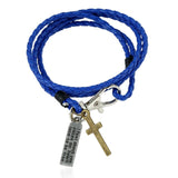 Bracelet en Cuir Croix et Plaque citation Chrétienne modèle bleu