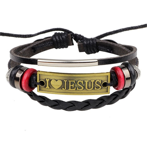 Bracelet Religieux en Cuir J'aime Jésus or