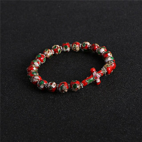 Bracelet Croix et Perles naturelles motifs Floraux rouge